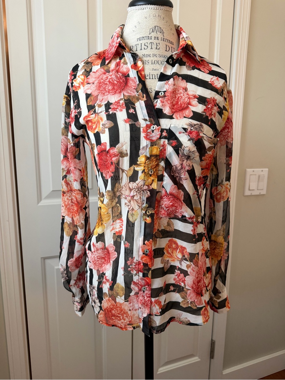 Zara Floral-Stripe Button Down Shirt - Pink, Yellow, Black, White